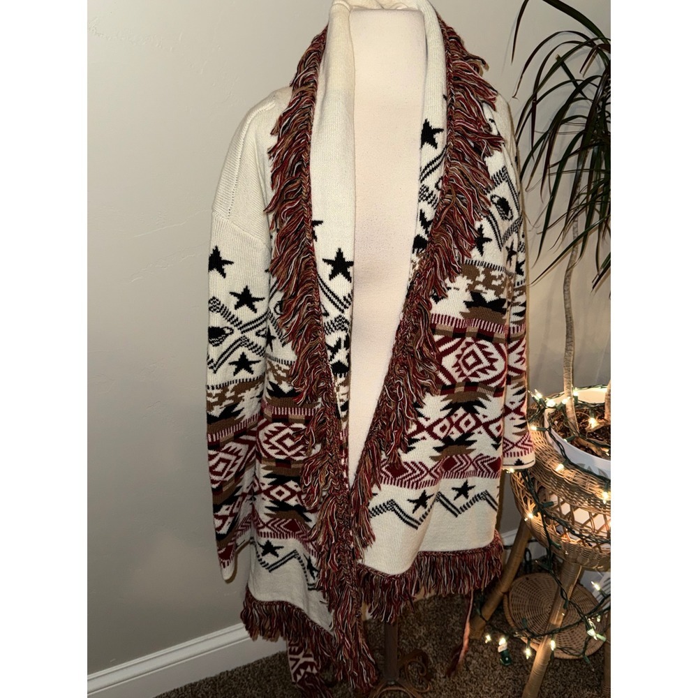 Scotch Soda Amsterdam Bohemian Aztec Star Fringe Kimono Cardigan Sweater - Picture 6 of 15
